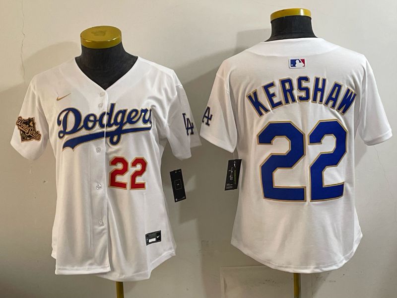 Women 2026 Los Angeles Dodgers #22 Kershaw White Gold Game Nike MLB Jersey style 04